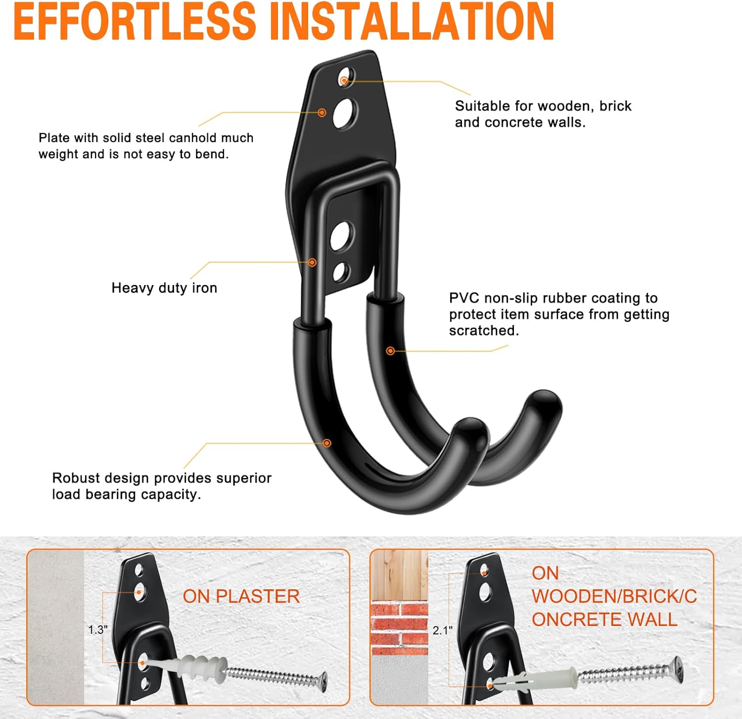 Heavy Duty Garage Hooks 6 Pack, J Shaped Hanger, Wall Mounted Storage System, Power and Garden Tool Organizer, for Hanging Ladders, Bikes Tires, Hose, Bulk Items