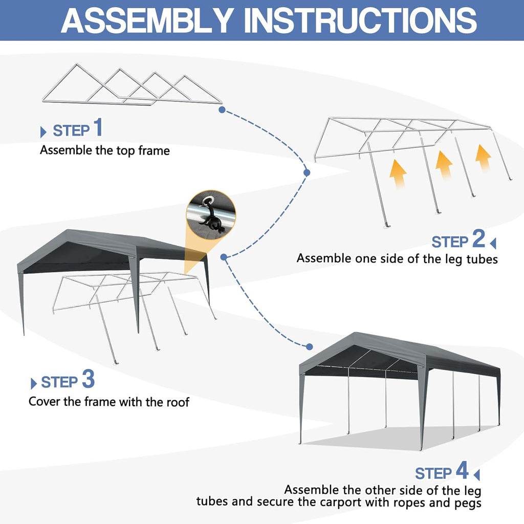 VINGLI 12x20 Carport Canopy Portable Garage, Car Canopy Heavy Duty Car Tent for SUV, Boats, RVs, Trucks Party Tent Boat Shelter(Without Sidewalls)