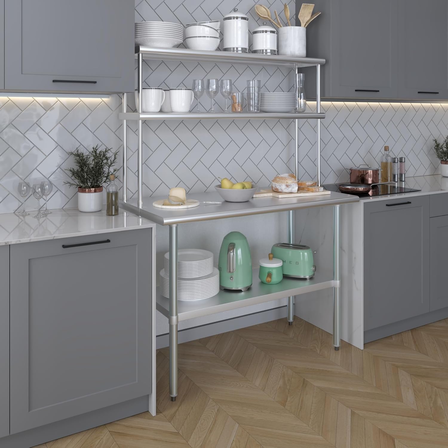 Amgood Stainless Steel Work Table Wide Double Tier Overshelf | NSF | Metal Kitchen Prep Table & Shelving Combo (24" x 48" Work Table + 12" Overshelf)