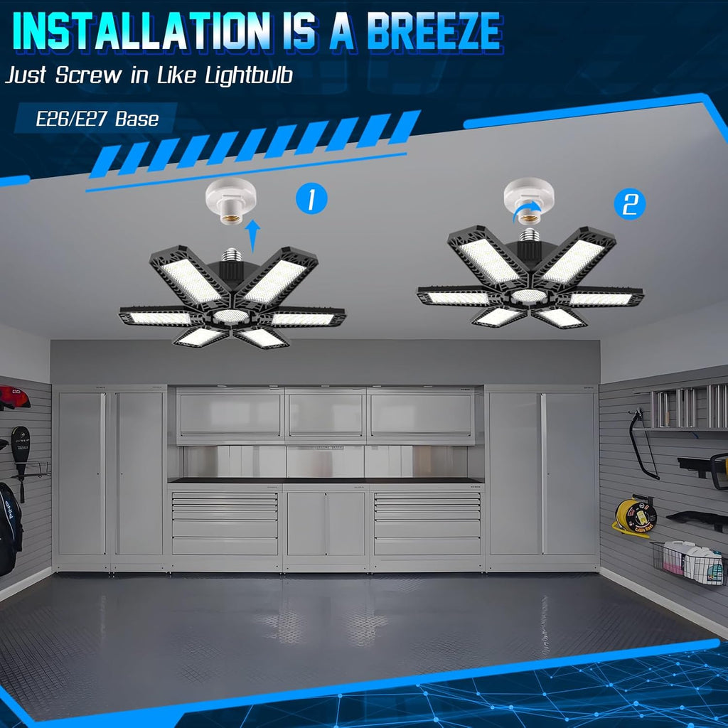 ISKYDRAW Garage Lights Bulb - 6 Pack 200W Garage Lights Ceiling LED 20000LM 6500K Led Shop Light with 6 Deformable Panels, Screw in E26 E27 Socket Basement Lighting for Workshop Barn Attic