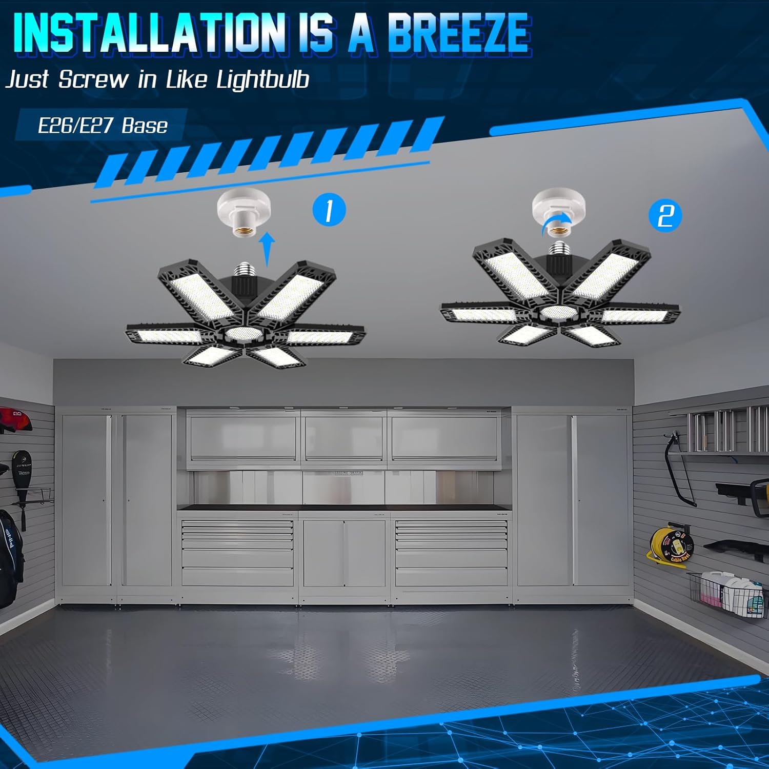 ISKYDRAW Garage Lights Bulb - 6 Pack 200W Garage Lights Ceiling LED 20000LM 6500K Led Shop Light with 6 Deformable Panels, Screw in E26 E27 Socket Basement Lighting for Workshop Barn Attic
