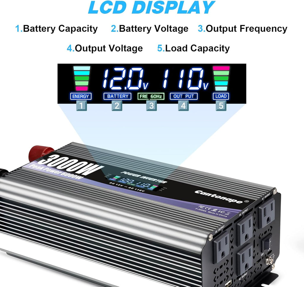 3000W Power Inverter 12V to 110V/120V DC to AC with LCD Display, Remote Controller and 4 x AC Outlets Car Adapter for Car Truck Boat RV Off Grid Solar System