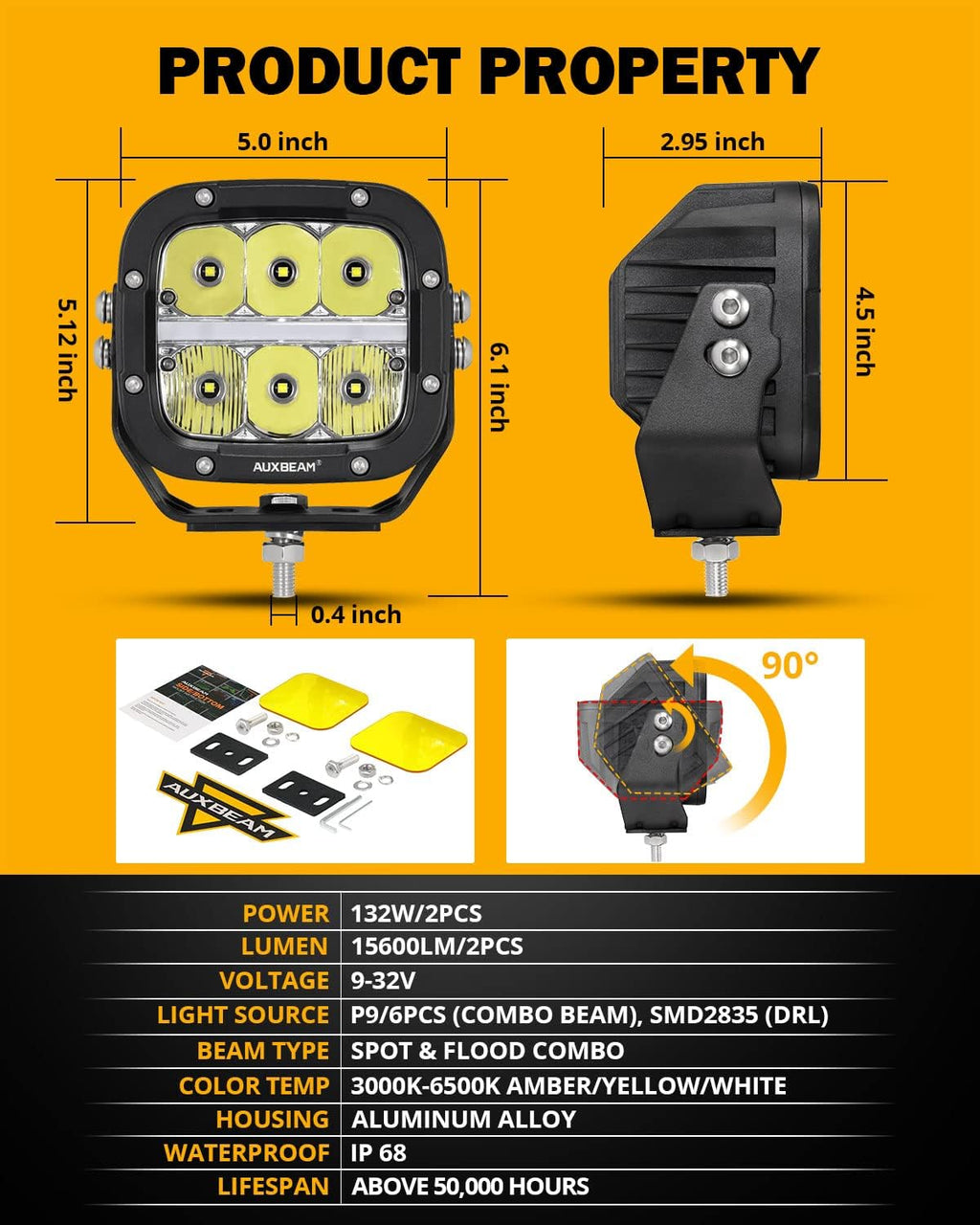 Auxbeam 5" LED Offroad Light with Amber DRL, XP-Ultra Series 132W 15600LM Super Bright Square LED Pod & Amber Pod Light Cover, Spot Flood Combo Fog Light Bar for Off-Road Vehicles, 2 Years Warranty