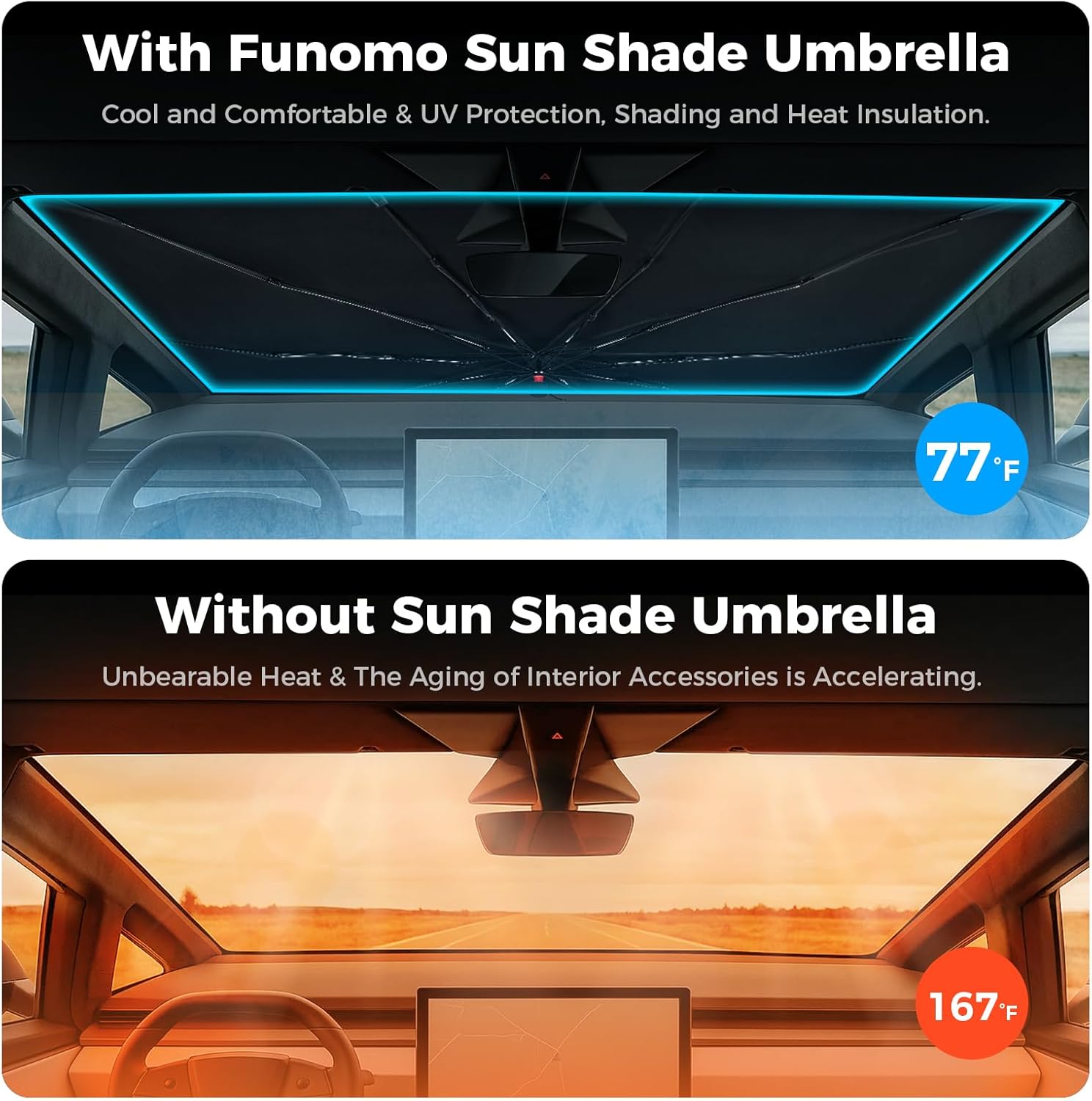 [2025 Upgrade] Cybertruck Windshield Sun Shade - Sunshade Umbrella for Tesla Cybertruck 2024 2025, Thickened Titanium Silver UV Block Coating, Front Window Heat Insulation Protection, 54''x 60''x 61''