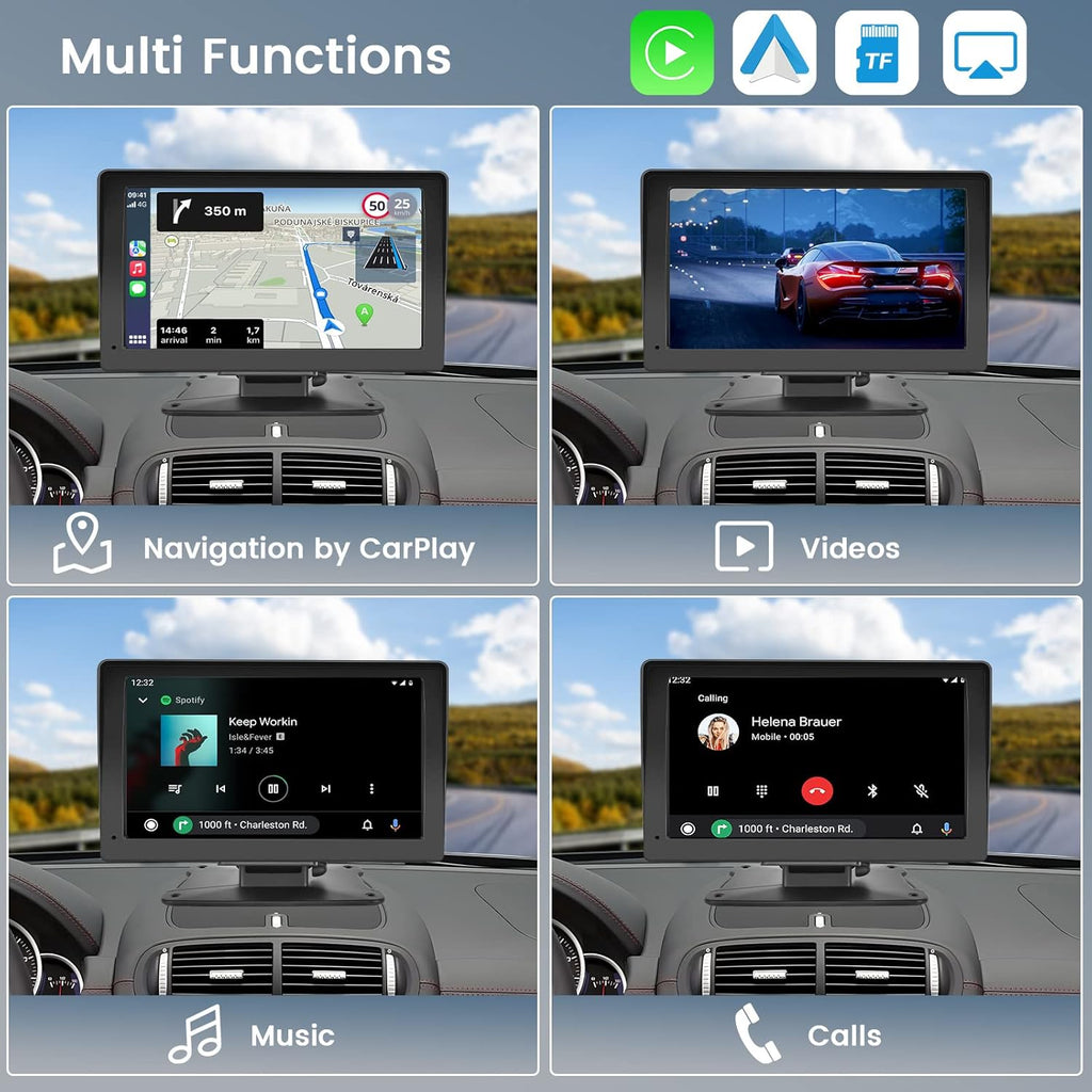 【64G TF Card】 Portable Wireless Apple CarPlay and Android Auto Screen for Car, 7" 1080P HD Touch Screen Car Stereo with Airplay, Mirror Link, Bluetooth, AUX,FM Transmitter for All Vehicle