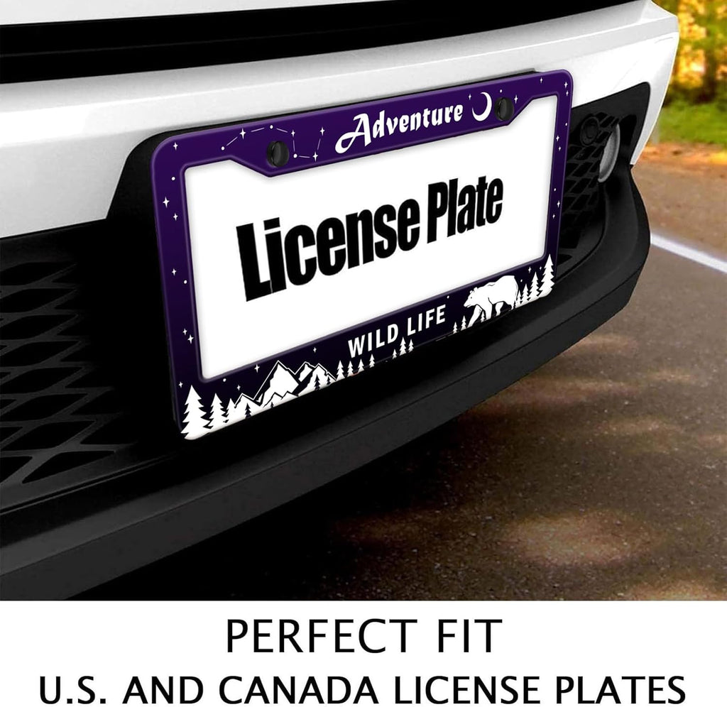 Adventure Awaist License Plate Frame, Mountains Forest Bear Tag Plate Frame Holder Cover, Metal Aluminum Rustproof Car Accessories with Screw Caps, Great Gift for Hiking Outdoor Sports Enthusiasts