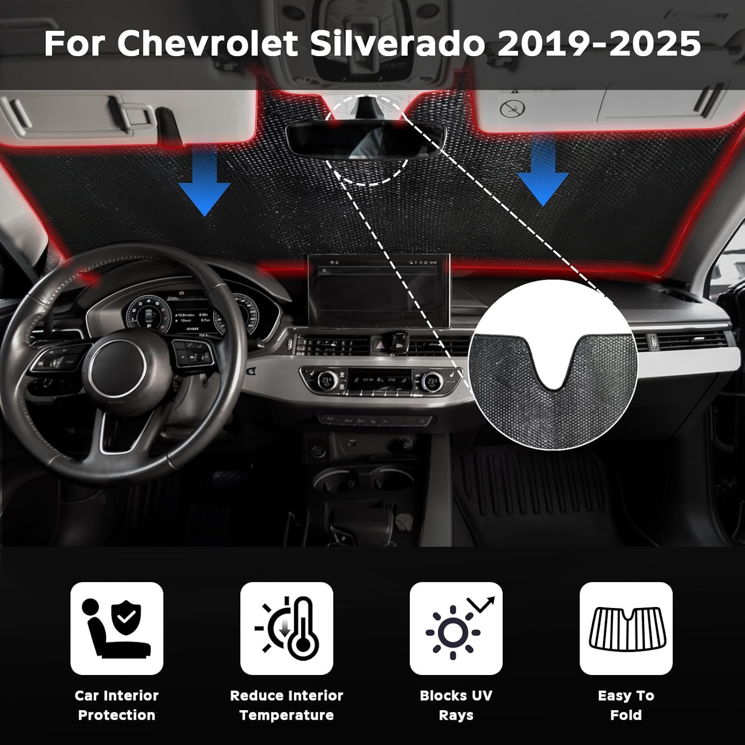 Windshield Sun Shade for Chevrolet Chevy Silverado 1500 2019-2025 Regular Cab, Crew Cab, Double Cab 2Dr 4Dr - 5-Layer Foldable Bubble Foldable Front Window Shade Sun Visor Accessories