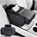 Car Center Console Cover, Armrest Cover for Storing Water Cups, Tissues, Cards, and Phones, 4-in-1 Center Cover with Soft Leather and High Resilience Memory Foam (Black)