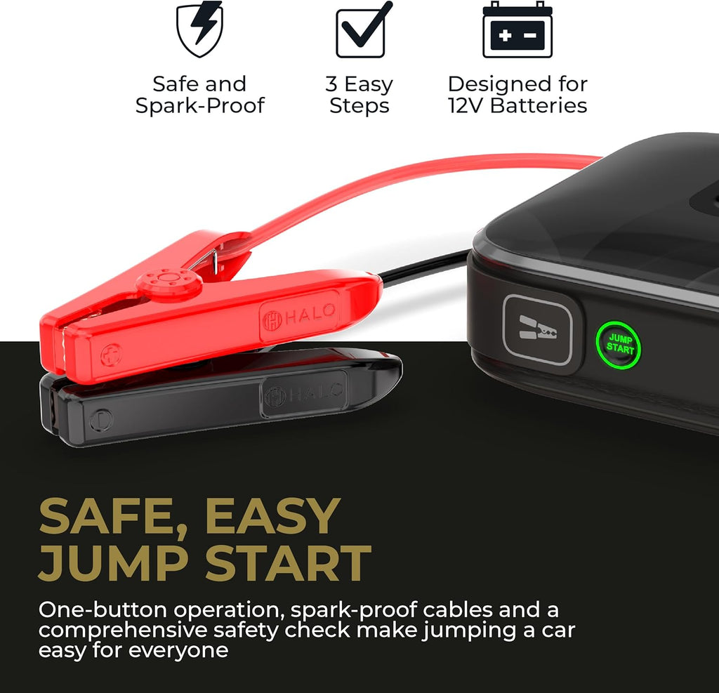 HALO Bolt Ultimate 3 Portable Car Battery Jump Starter | 130 PSI Air Compressor, 55.5Wh USB Power Bank, Large Display, Emergency Floodlight & Charger, Jumps Cars SUVs & Trucks, Inflates Tires — Black