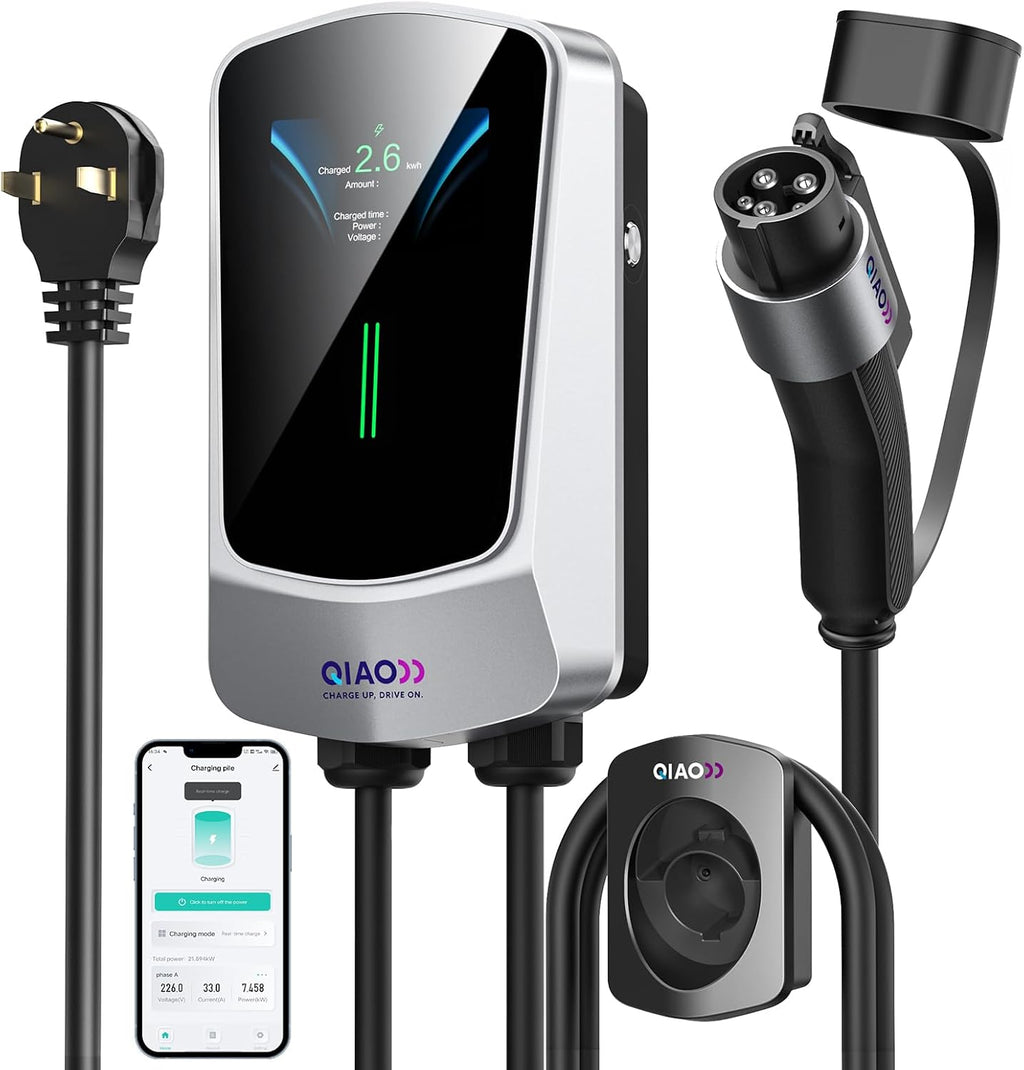 QIAO Level 2 EV Charger, Up to 40A Electric Car Charger, Wi-Fi Bluetooth APP Enabled EVSE, 4.3in Display, 25ft Cable, NEMA 6-50 Plug Charge Station Compatible with All SAE J1772 EV Models White
