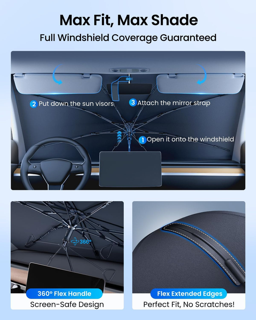 REEVAA 2025 Upgraded Car Windshield Sun Shade Umbrella [100% Sun Protection & Keep Cool] Protect Interior, 360° Flex Handle Sun Shield Sunshade, Medium (57''x32'') for Most SUV/Truck