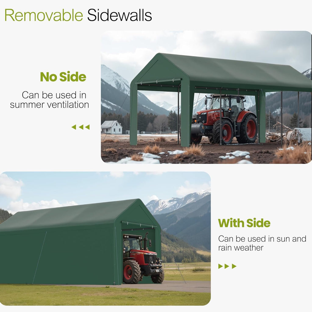 GOJOOASIS 10x20 Carport Heavy Duty Portable Garage Shelter Metal Car Canopy Tent with UV-Resistant & Weatherproof Top Cover for RV & Vehicles (Green, 10x20 with sidewalls)