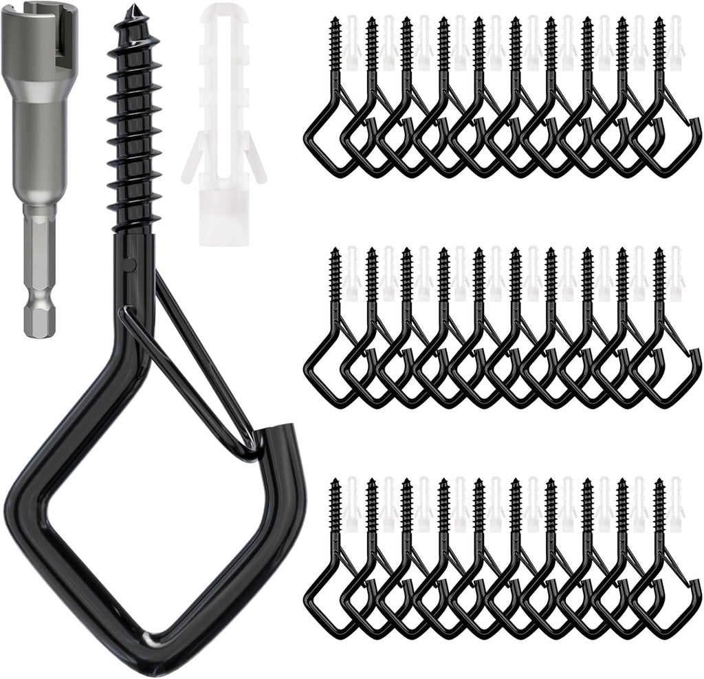 Square Ceiling Hooks with Safety Buckle for String Lights, Plants, Wind Chimes, 40-Pack, 2.36 inch, Black