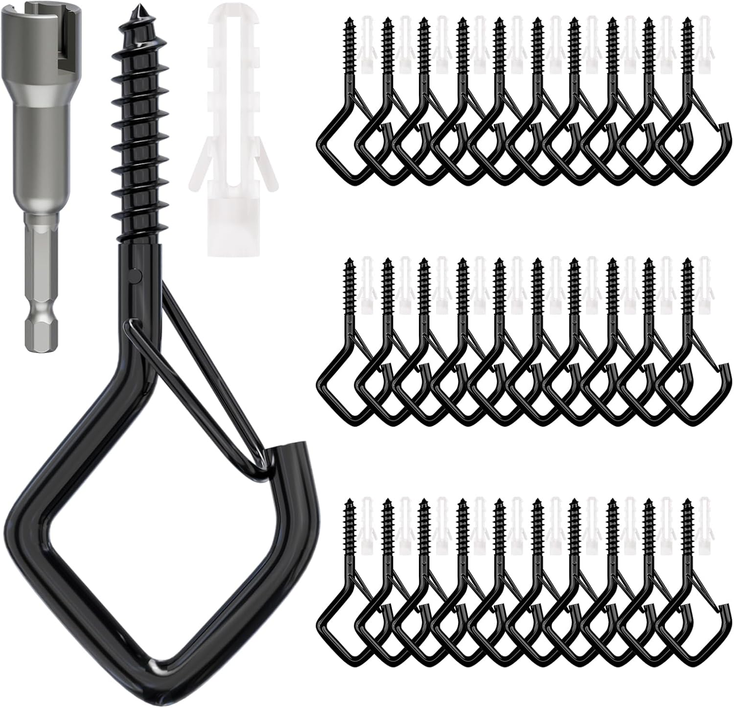 Square Ceiling Hooks with Safety Buckle for String Lights, Plants, Wind Chimes, 40-Pack, 2.36 inch, Black