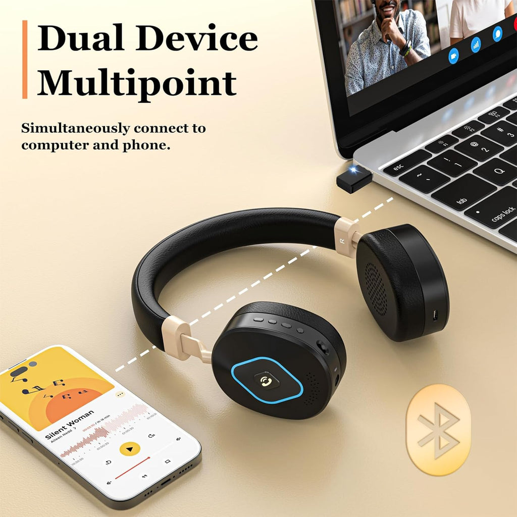 Wireless Headset with Mic for Work, Bluetooth Headphones with Microphone, Hybrid Mode Wireless/Wired, Dual AI Noise Cancellation, Retractable Boom Mic, USB Dongle & Mute for Home/Office/PC/Cell Phones