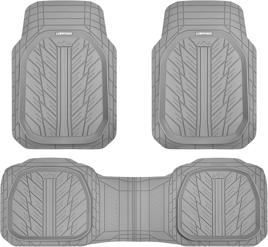 CAR PASS Deep Dish Rubber Floor Mats for Cars Full Set,Heavy Duty Car Mats,Universal Waterproof Trim-to Fit Automotive Floor Mats for Truck Van SUV, Durable All-Weather Car Mats 3-Piece (Light Gray)
