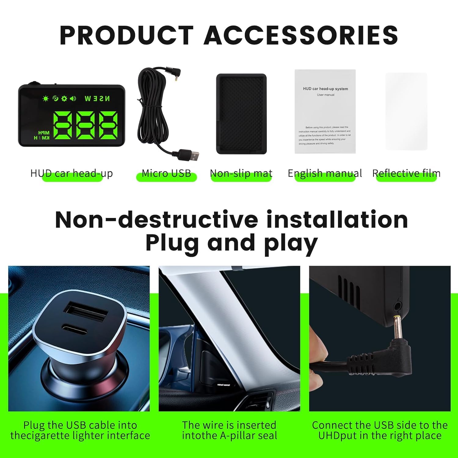 Heads up Display for Cars,Car HUD,Head up Display for Car,Car Speedometer Display,Automatic Brightness Adjustment,Speeding Alert,USB Cable Plug & Play