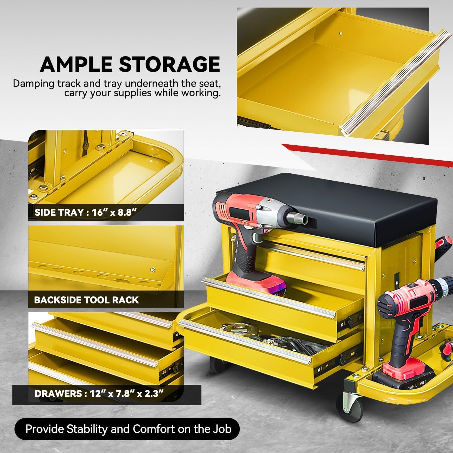 Auto Dynasty 3-Drawer Mechanic Rolling Seat, 350 LBS Capacity Roller Garage Shop Seat with Storage Tool Tray for Workshop, Repair Shop, Warehouse, Yellow