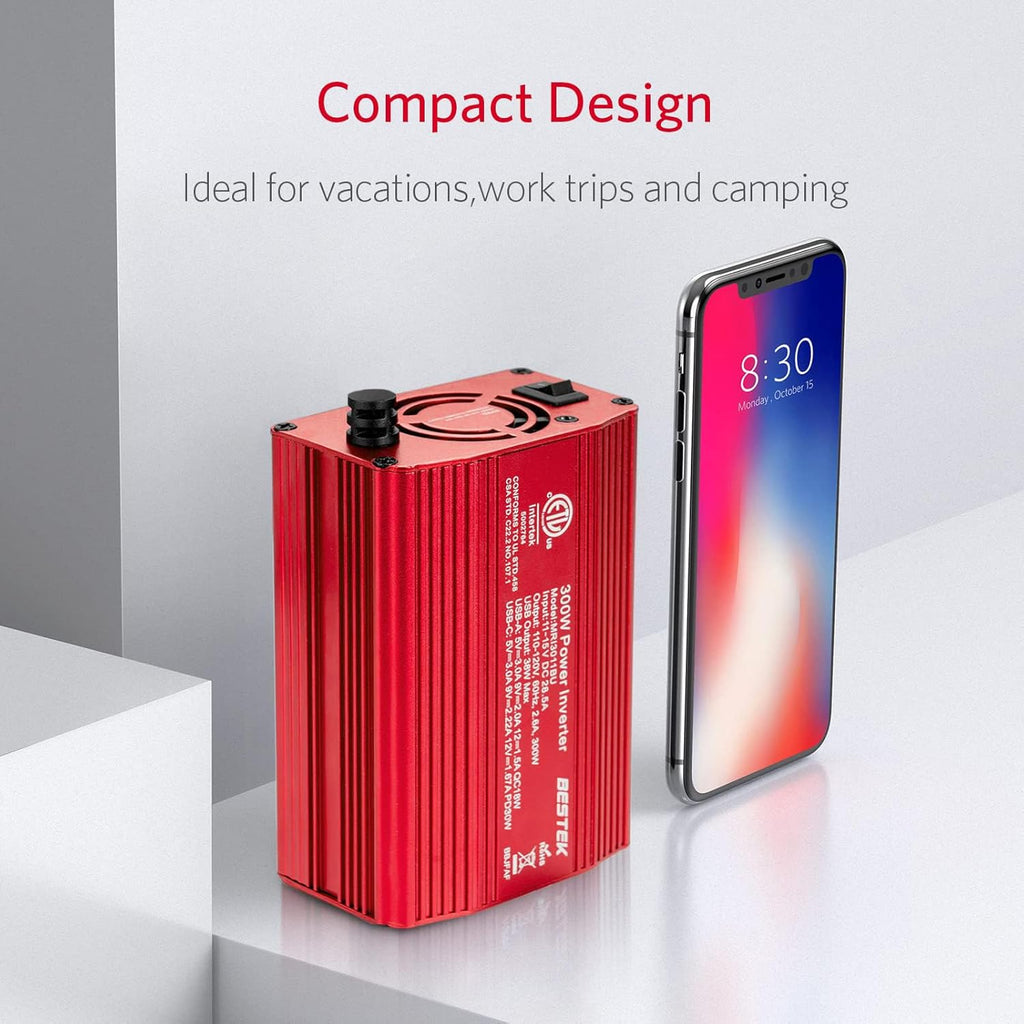 BESTEK 300W Power Inverter - DC 12V to 110V AC Converter, Fast Car Charger Adapter with 30W USB-C/18W Quick Charge/Dual 110V AC Car Plug Outlet for Laptop