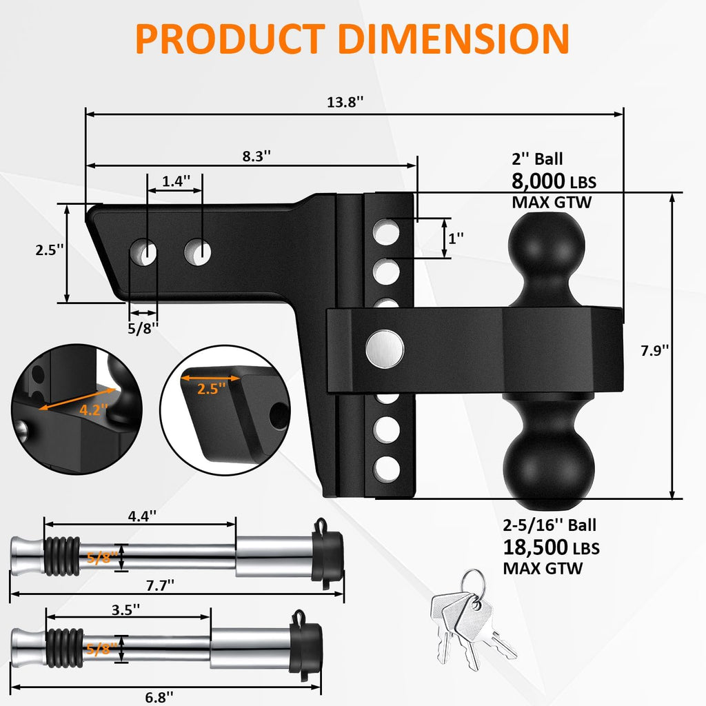Adjustable Trailer Hitch-Drop Hitch Fits 2.5-Inch Receiver -6" Drop/Rise Tow Hitch with 2" and 2-5/16" Tow Balls-18,500GTW with Double Anti-Theft Pins Locks (Black+Black)
