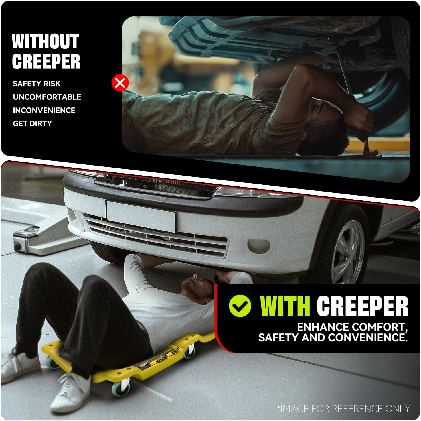 Auto Dynasty 40 Inches Mechanic Creeper, Automotive Garage Repair Low Profile Under Car Rolling Creeper with Padded Headrest, Plastic, Yellow