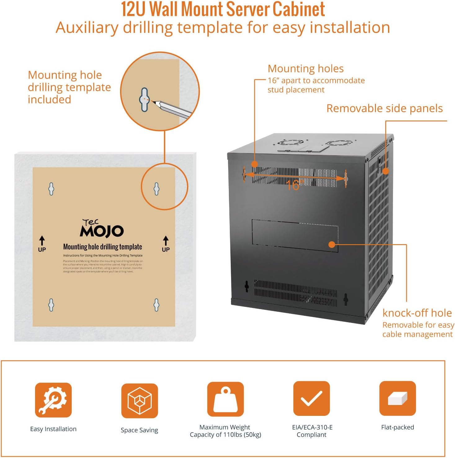 Tecmojo 12U Wall Mount Rack Network Cabinet for 19” IT Equipment,with Lockable Mesh Door and Removable Side Panels,Cooling Fan,Black,17.7inch Deep