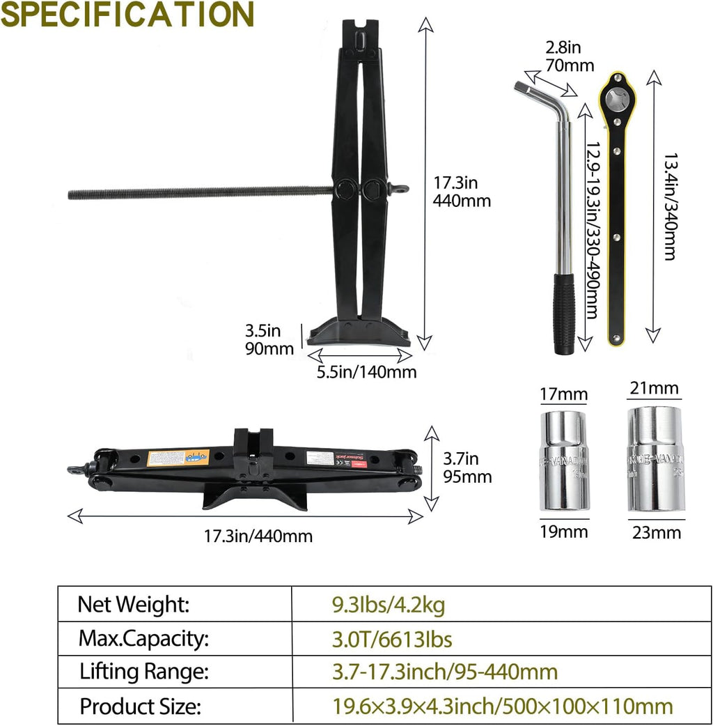 Scissor Jack Car Jack Kit 3 Tons (6,613 lbs) Universal Tire Jack Changing Kit - Extra Wide Base - Portable Car Emergency Kit with Lug Wrench for Sedan Truck SUV MPV (3T)