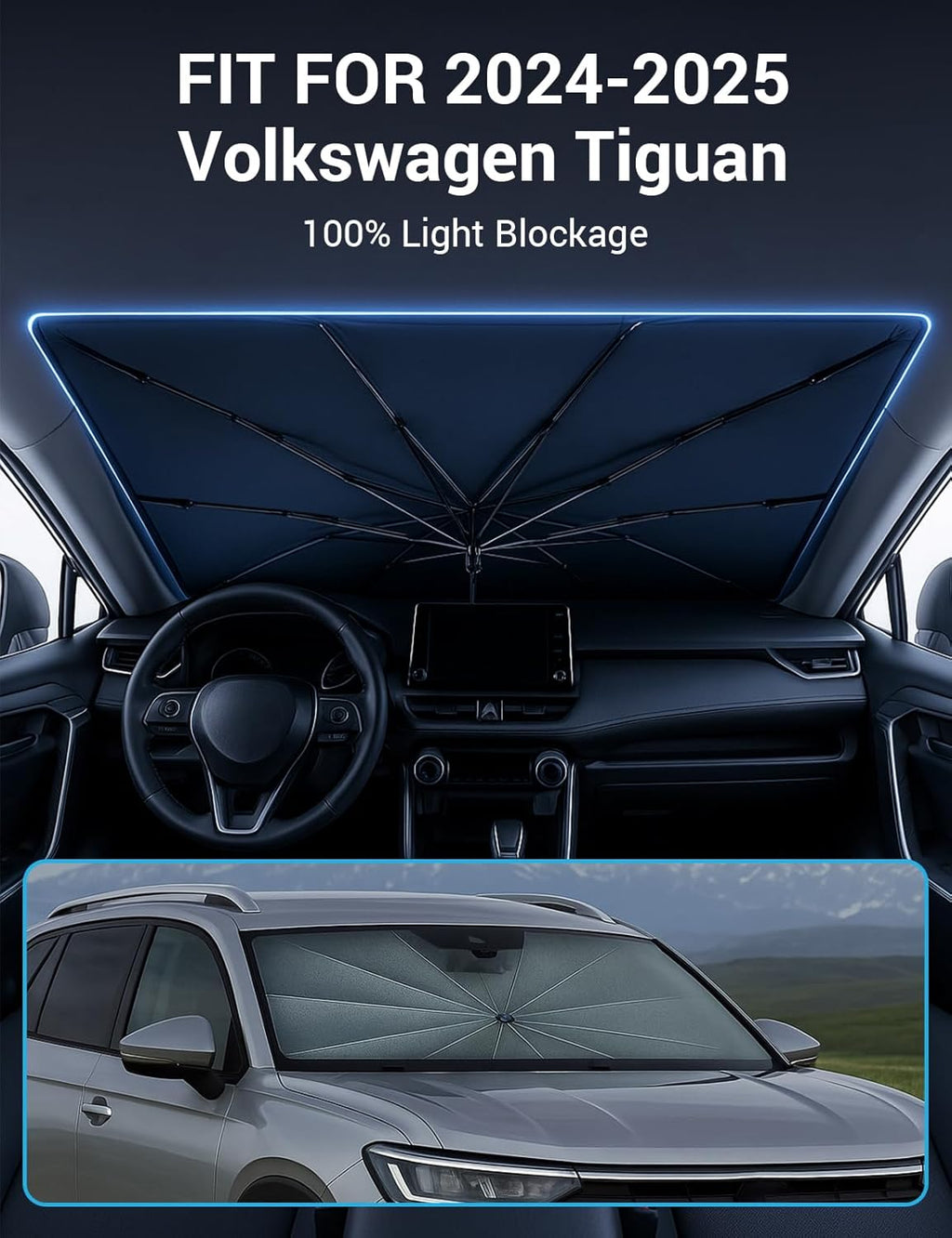 Proadsy Windshield Sun Shade Umbrella for Volkswagen Tiguan 2024-2025 2026 Foldable Car Umbrella Sunshade with Soft TPU Handle Spring Structure Crystal Cooling Material Protect Car from Rays & Heat
