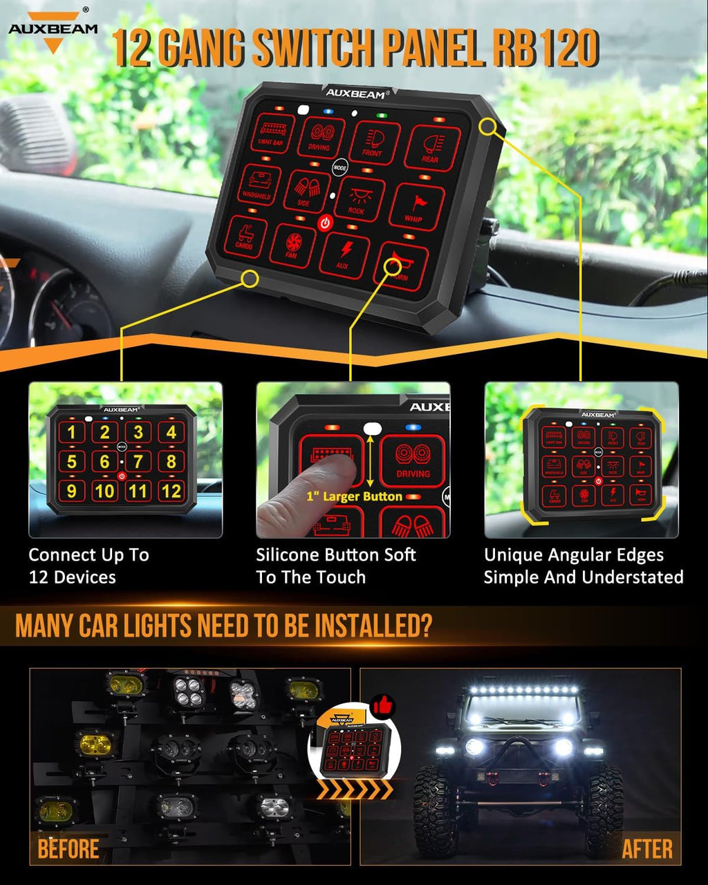 Auxbeam 12 Gang Switch Panel RB120 Toggle Momentary Pulsed RGB Dimmable Switch Panel Multifunction Two Sided Output Marine Control Panel IP65 Waterproof for Car Boat RV, 2 Years Warranty