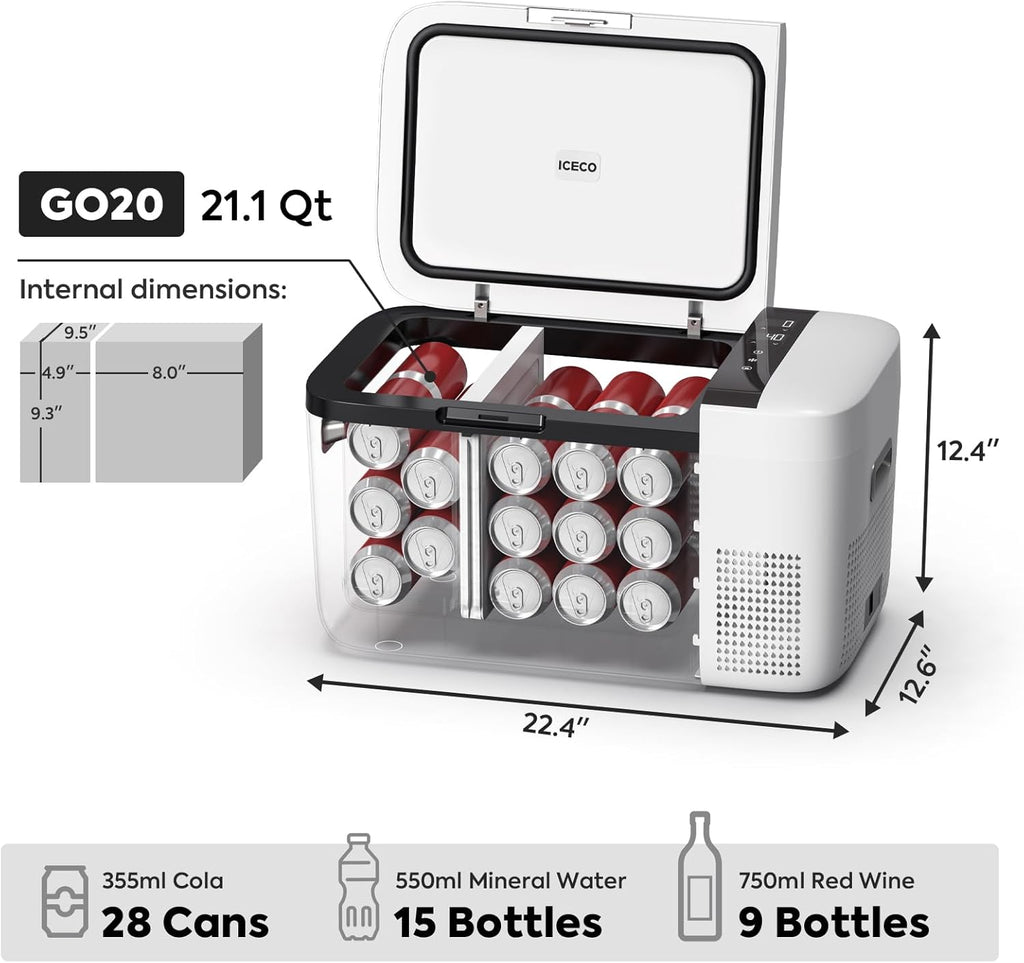 ICECO GO20 Dual Zone 12 Volt Refrigerator, 12V Car Refrigerator with Secop Compressor, Separate Control, DC & AC, 0℉ - 50℉, Portable Freezer Compressor Cooler for Outdoor, White, 21 Quart(20 Liter)