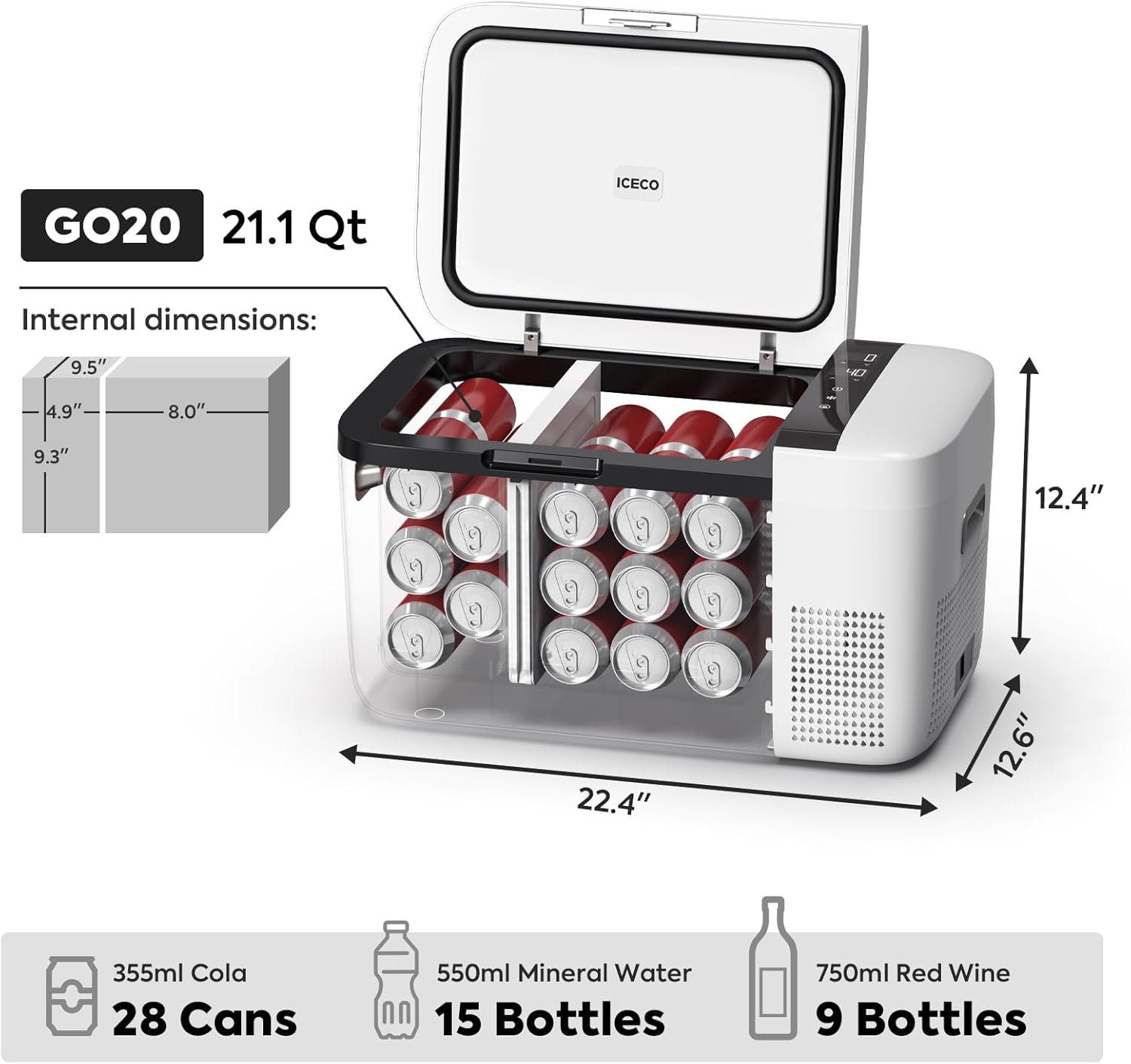 ICECO GO20 Dual Zone 12 Volt Refrigerator, 12V Car Refrigerator with Secop Compressor, Separate Control, DC & AC, 0℉ - 50℉, Portable Freezer Compressor Cooler for Outdoor, White, 21 Quart(20 Liter)