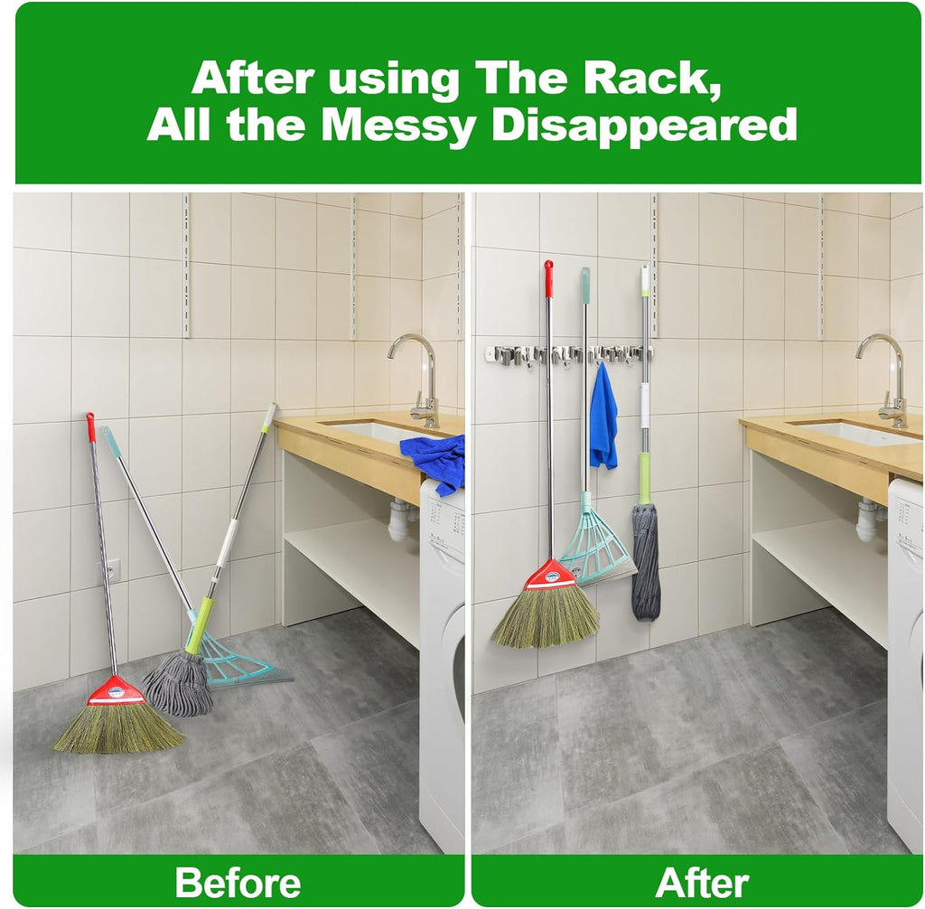 voze [2 Pack] 5 Racks and 4 Hooks Mop and Broom Holder Wall Mount, Self Adhesive Heavy Duty Broom Organizer Storage Tool Racks for Kitchen Garden Laundry Garage, Silver