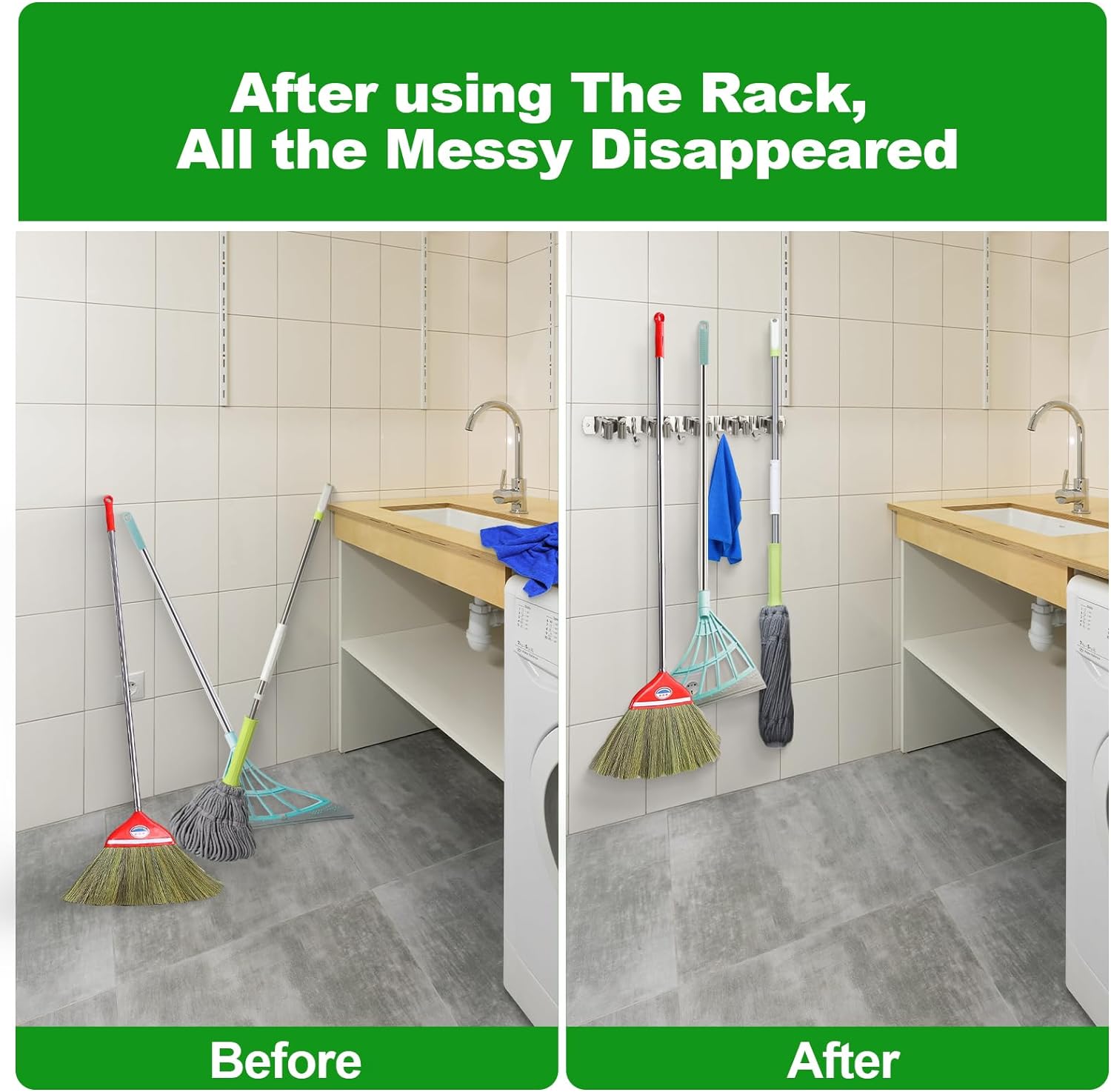 voze [2 Pack] 5 Racks and 4 Hooks Mop and Broom Holder Wall Mount, Self Adhesive Heavy Duty Broom Organizer Storage Tool Racks for Kitchen Garden Laundry Garage, Silver