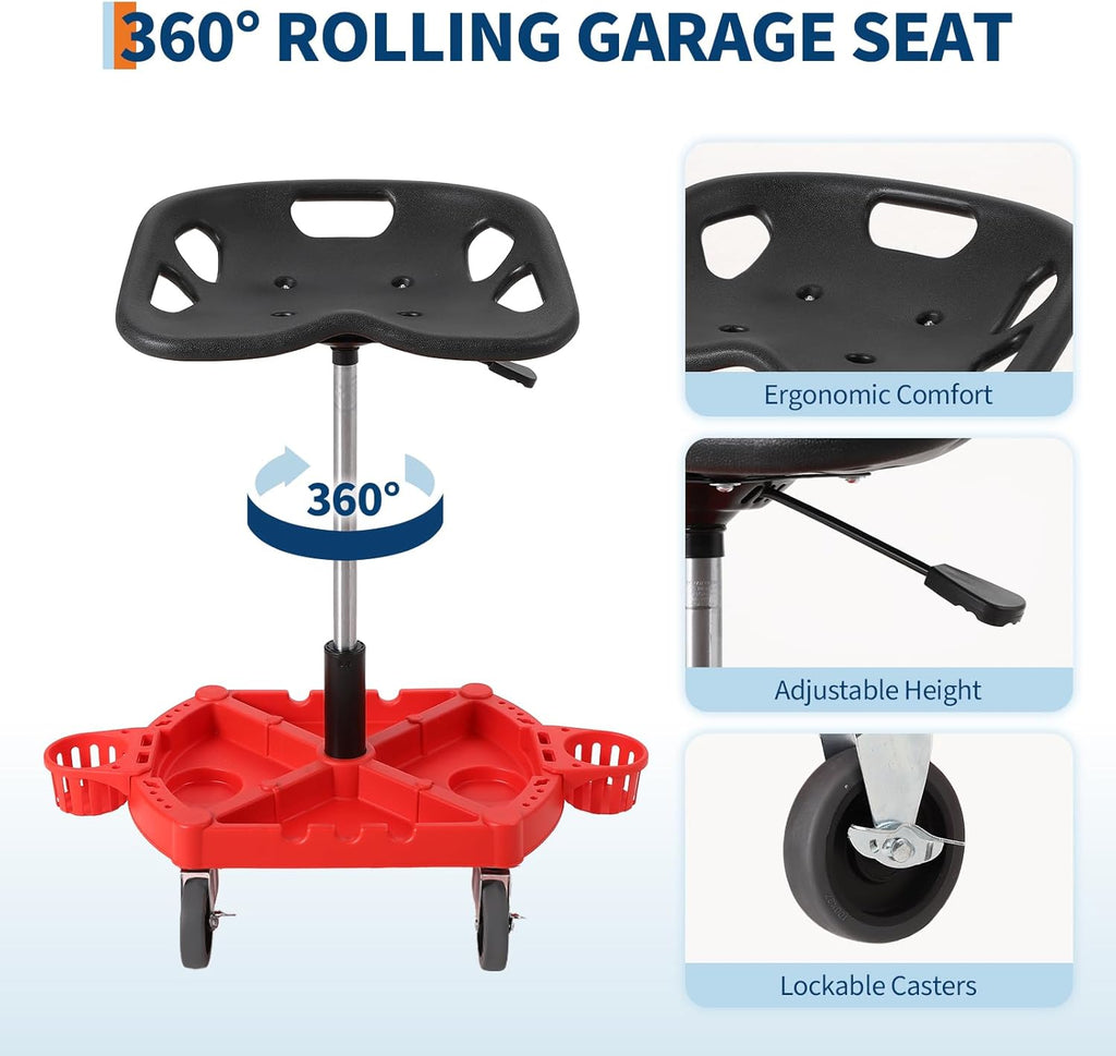 Garage Stool, 18”-23” Adjustable Rolling Mechanic Stool with Universal Wheels, Removable Magnetic Tool Tray, 300LBS Capacity, Roller Creeper Seat, Shop Chair