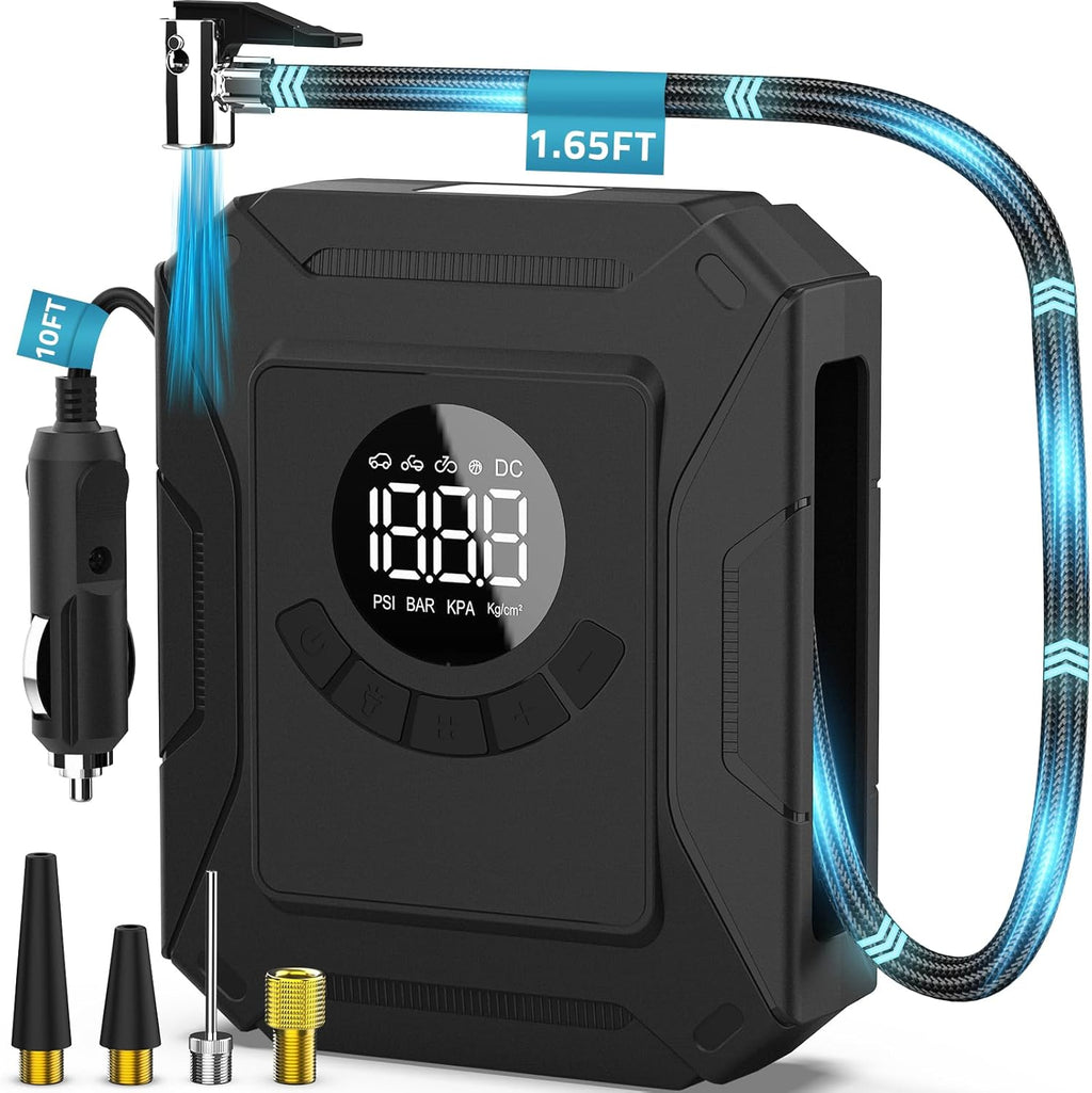PAULINN Tire Inflator Air Compressor 12V DC Portable Air Pump 150 PSI for Car Tires, Auto Tire Pump with Digital Pressure Gauge, Auto Shutoff & LED Light for Cars, Motorcycles, Bikes & Balls, Black