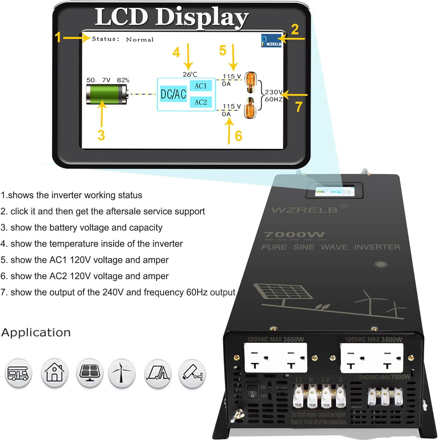 WZRELB 7000W Pure Sine Wave Inverter, 24V DC to 120V 240V AC, 4 AC Outlets, Hardwire Terminal, 91.6% Efficiency
