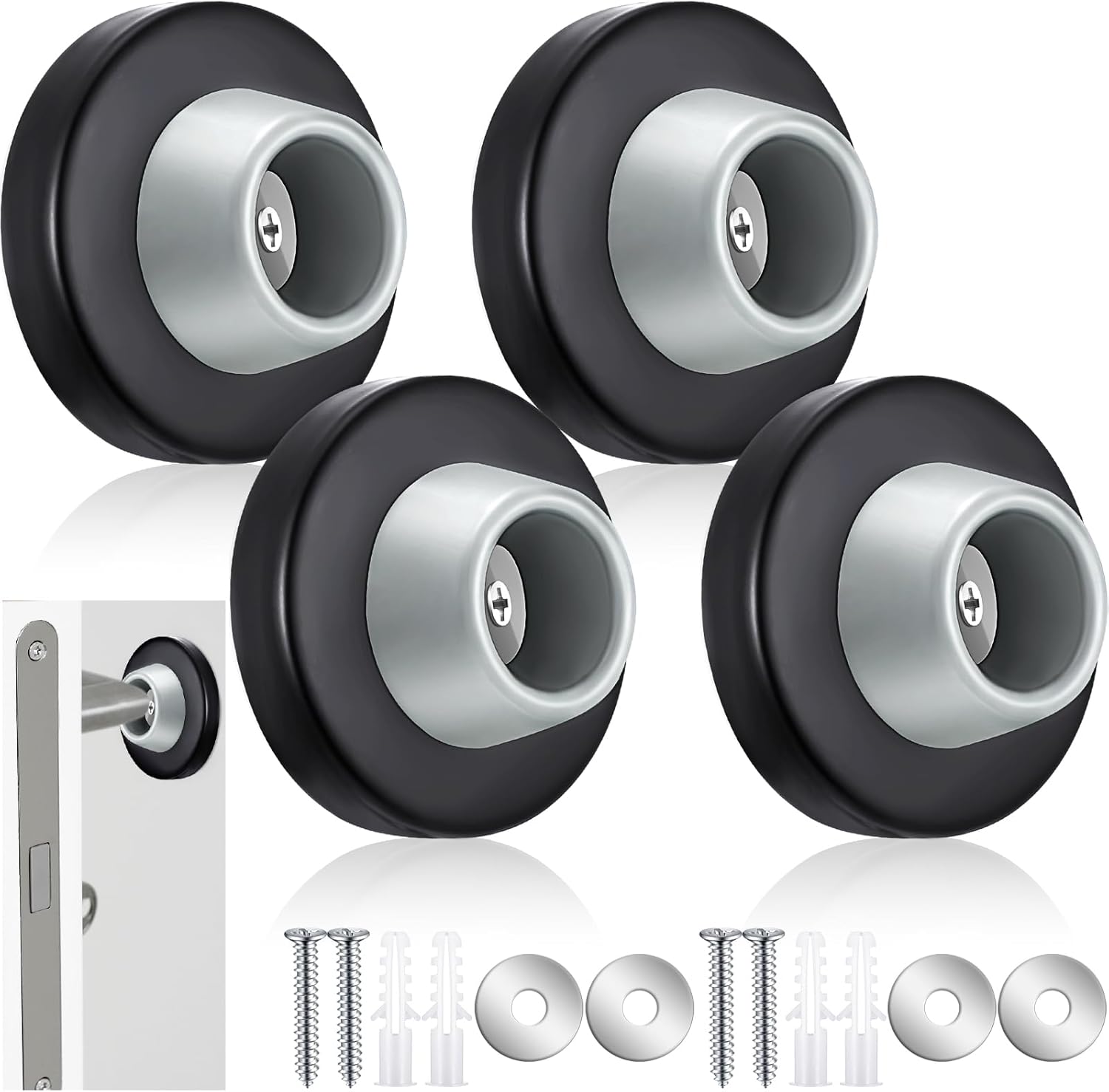 Blulu Concave Wall Door Stopper Door Bumper Stainless Steel Wall Protector Flush Bumper with Grey Rubber Concave Knob Cover Stopper(Black,4 Pieces)