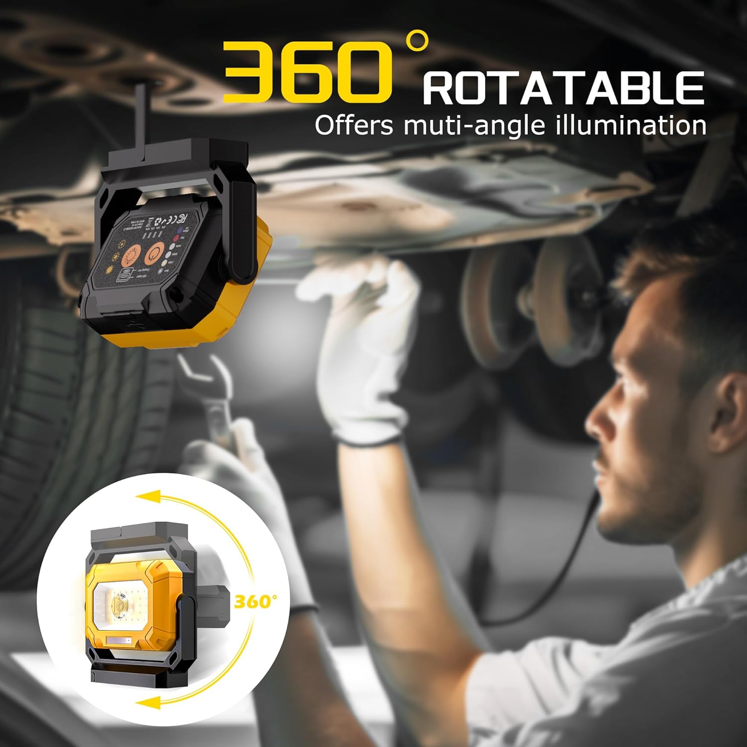 LED Work Light, 1500LM Magnetic Work Light with 360°Rotating Magnetic Stand & 15 Modes, 4000mAh Rechargeable Mechanic Light with Hook for Emergency Car Repairing, Father's Day Gift