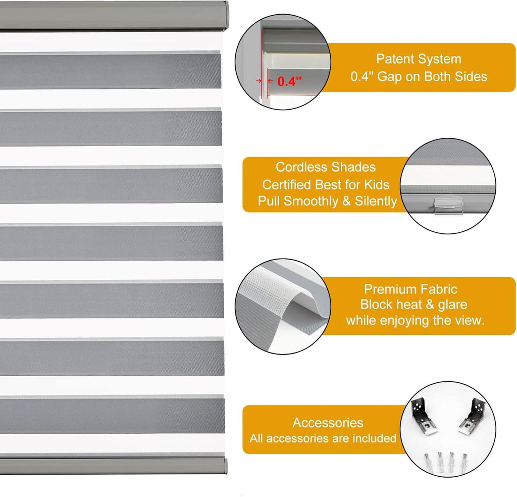 Persilux Cordless Zebra Blinds for Windows (35" W X 72" H, Grey) Free-Stop Dual Layer Roller Windows Shades for Day and Night, Light Filtering Sheer Shades for Home, Easy to Install
