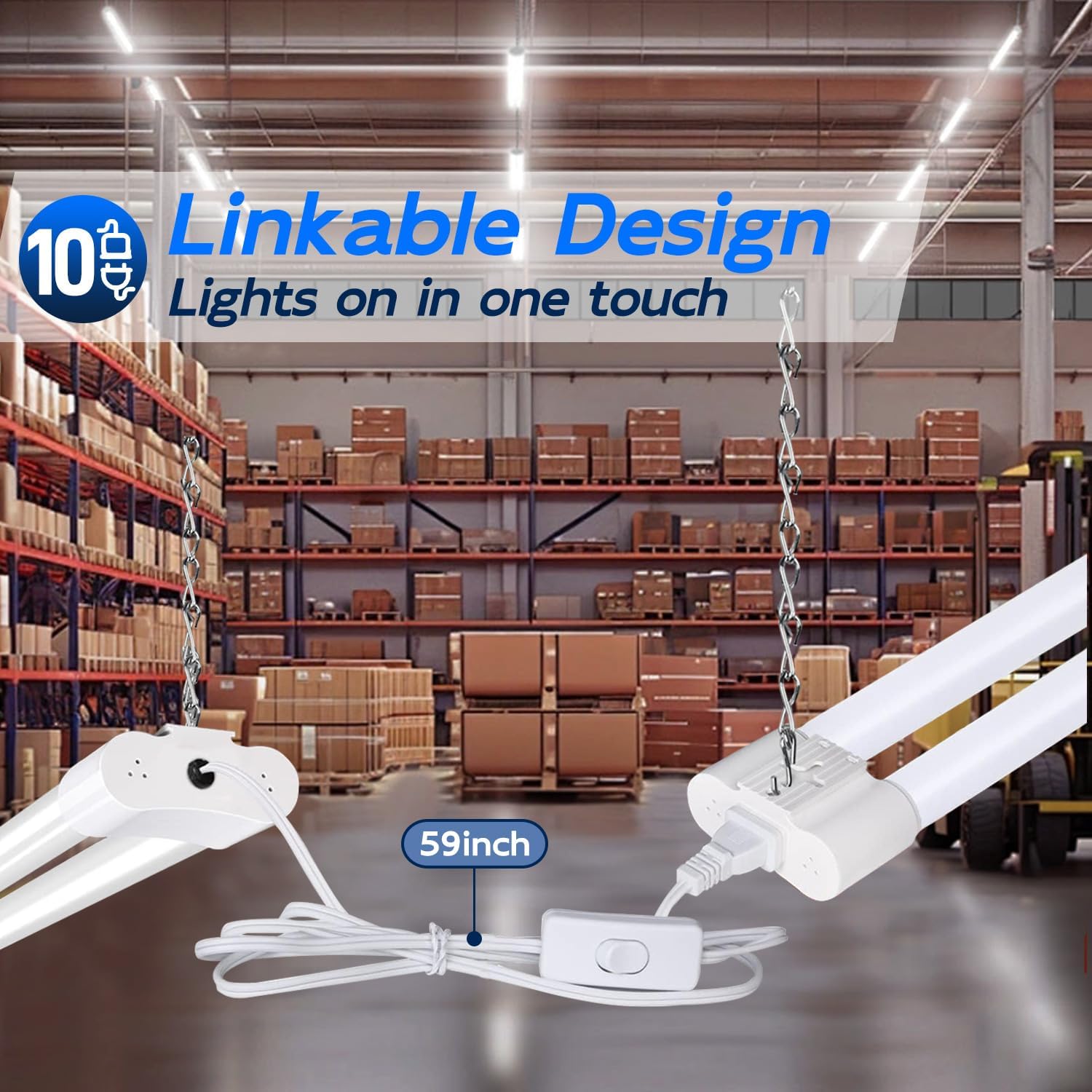 hykolity 10 Pack 4FT Linkable LED Utility Light Fixture, 4400lm, 42W, 5000K Daylight for Workshop, Garage, Hanging or Surface Mount, with Power Cord, ETL