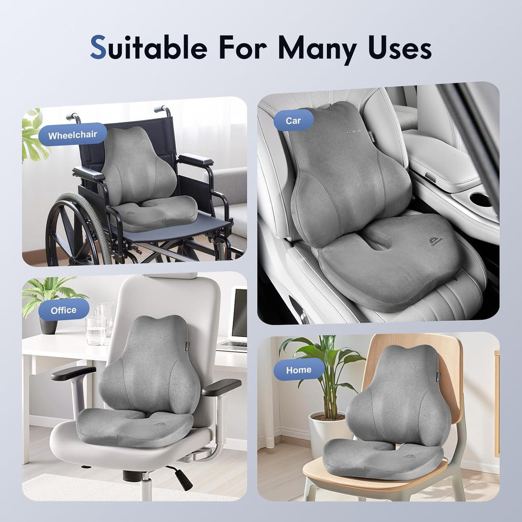 Coverado Memory Foam Car Seat Cushion and Lumbar Support Pillow for Car, Ergonomic Office Chair Cushion for Lower Back Pain Relief, Breathable & Non-Slip for Car, Home, and Office Use, Gray