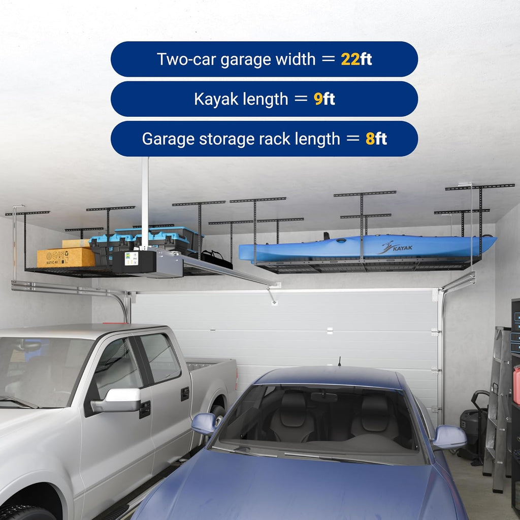 FLEXIMOUNTS 4x8 Overhead Garage Storage Rack, Adjustable Garage Storage Organization Systerm, Heavy Duty Metal Garage Ceiling Storage Racks, 600lbs Weight Capacity, Black