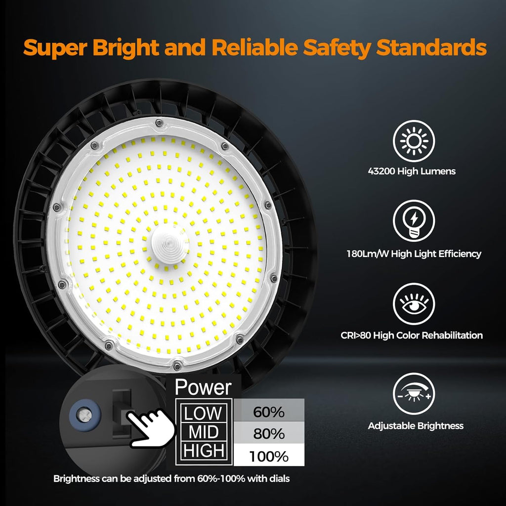 High Bay Lights LED UFO Light 240W LED Shop Lights 6000K IP65 Commercial Bay Lighting Fixture 43200 LM Super Bright, 5ft Cable Plug & Play for Warehouse Factory Garage Workshop Barn 24 Pack