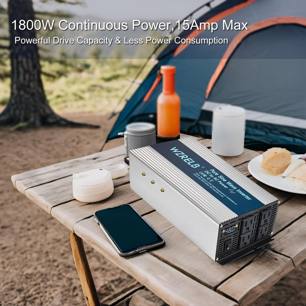 WZRELB 1800W Pure Sine Wave Inverter 12V DC to 110V 120V AC,Car Power Inverter with 4 AC Outlets, LED Display,Off-Grid Portable Power Converter for Home, RV, Truck, Camping