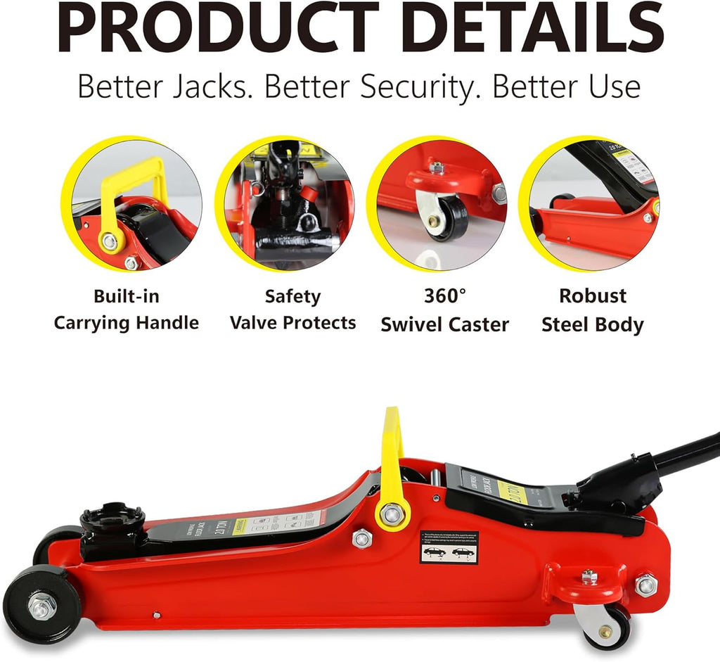 5 Piece Car Truck Floor Jack Service, Hydraulic Trolley Floor Jack & Jack Stands & Tire Repair Kit & L-Wrench for Garage, Repair Shop, DIY, Lift Range 3.3"-15.2", 2 Ton/4000 LBS Capacity, Red