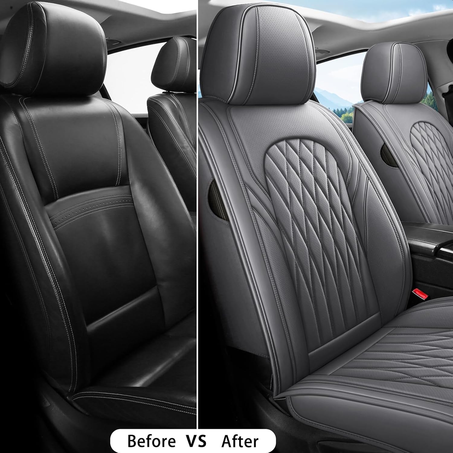 WELLDO Car Seat Covers Front Seats, Leather Seat Covers for Cars, Front Car Seat Protector Waterproof, Non-Slip Car Interior Covers Universal Automotive Seat Covers for Most Vehicle, Gray