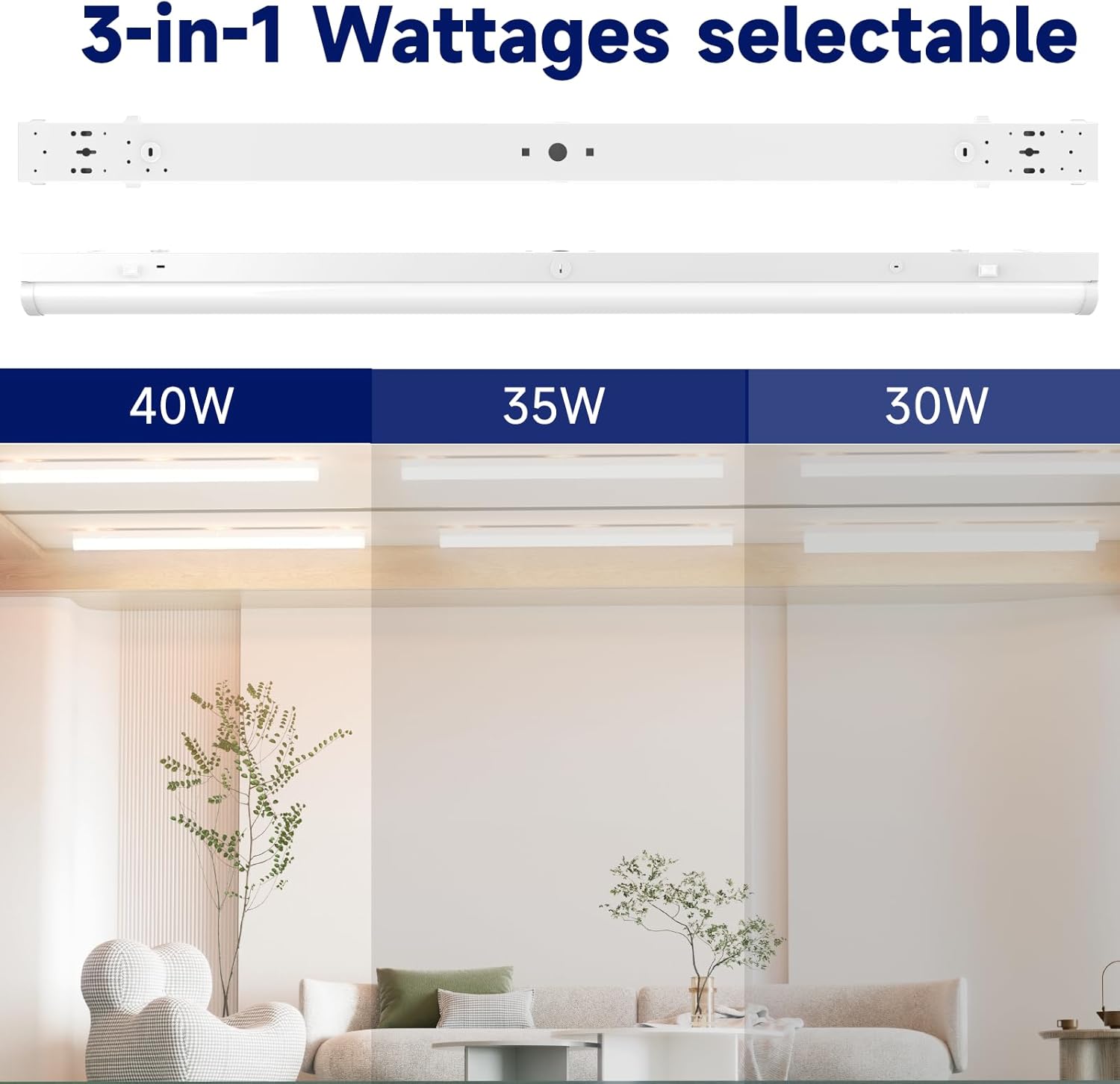 4FT LED Linear Strip Light, LED Shop Lights 30W/35W/40W Selectable,4 Color Selectable 3500K-6500K Adjustable,0-10V Dimmable Commercial Garage Office Ceiling Light Fixture, ETL DLC Listed (4 Pack)
