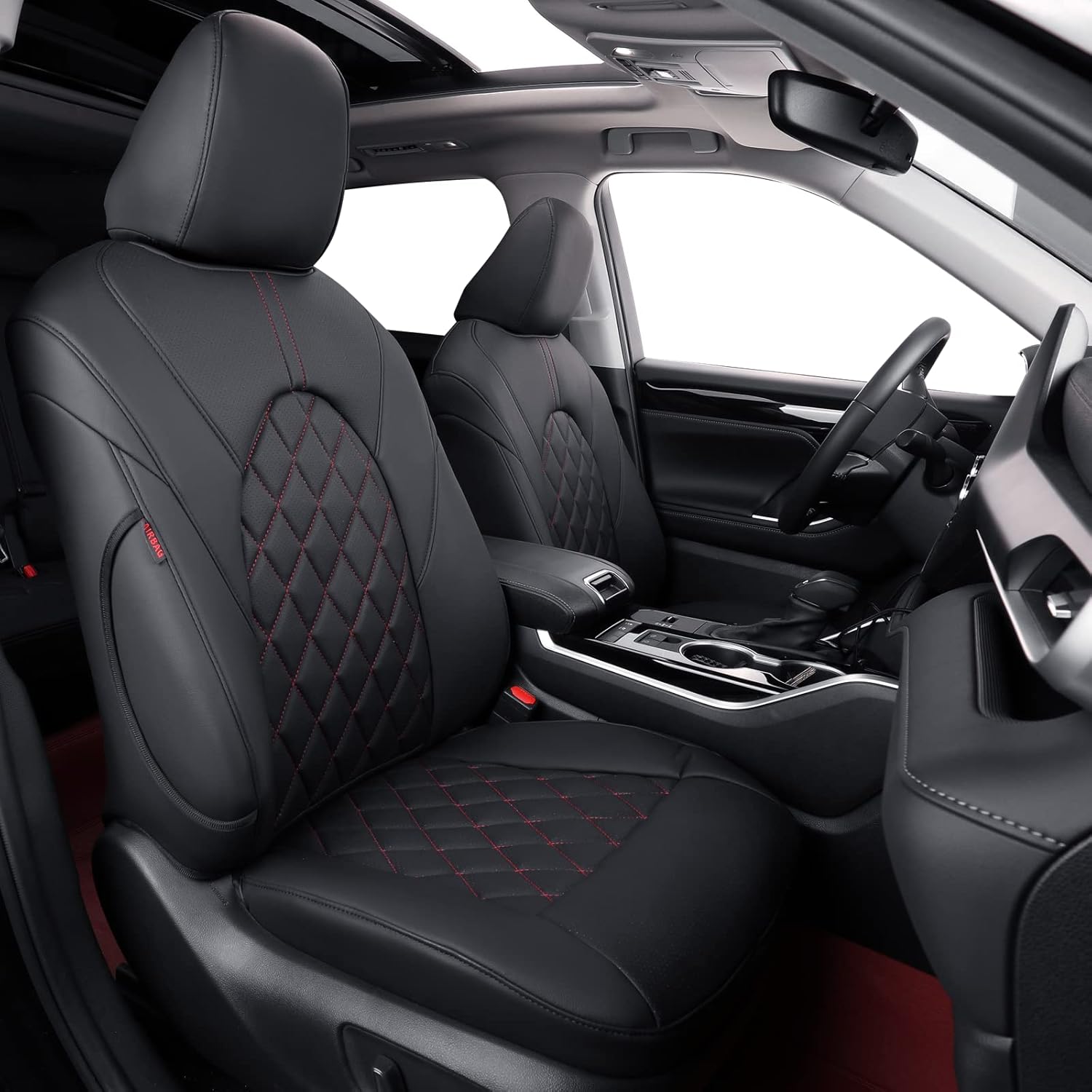 coverdream Custom Seat Covers Compatible with Select Toyota Camry Hybrid XLE,Hybrid XSE 2018 2019 2020 2021 2022 2023 Models - Leatherette (Black/Red,Full Set)