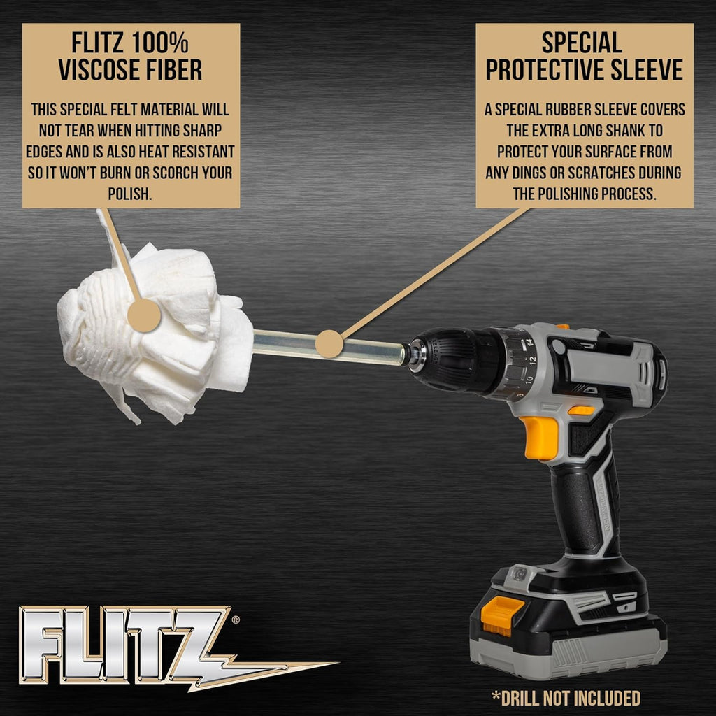 Flitz Buff Ball w/ 1.76oz Metal Polish Paste - 2in Drill Buffer Polisher Attachment for Any 3/8in Drill - Self-Cooling, Washable Polishing Ball to Buff, Shine, & Protect All Metals, Plastics (1 Pack)