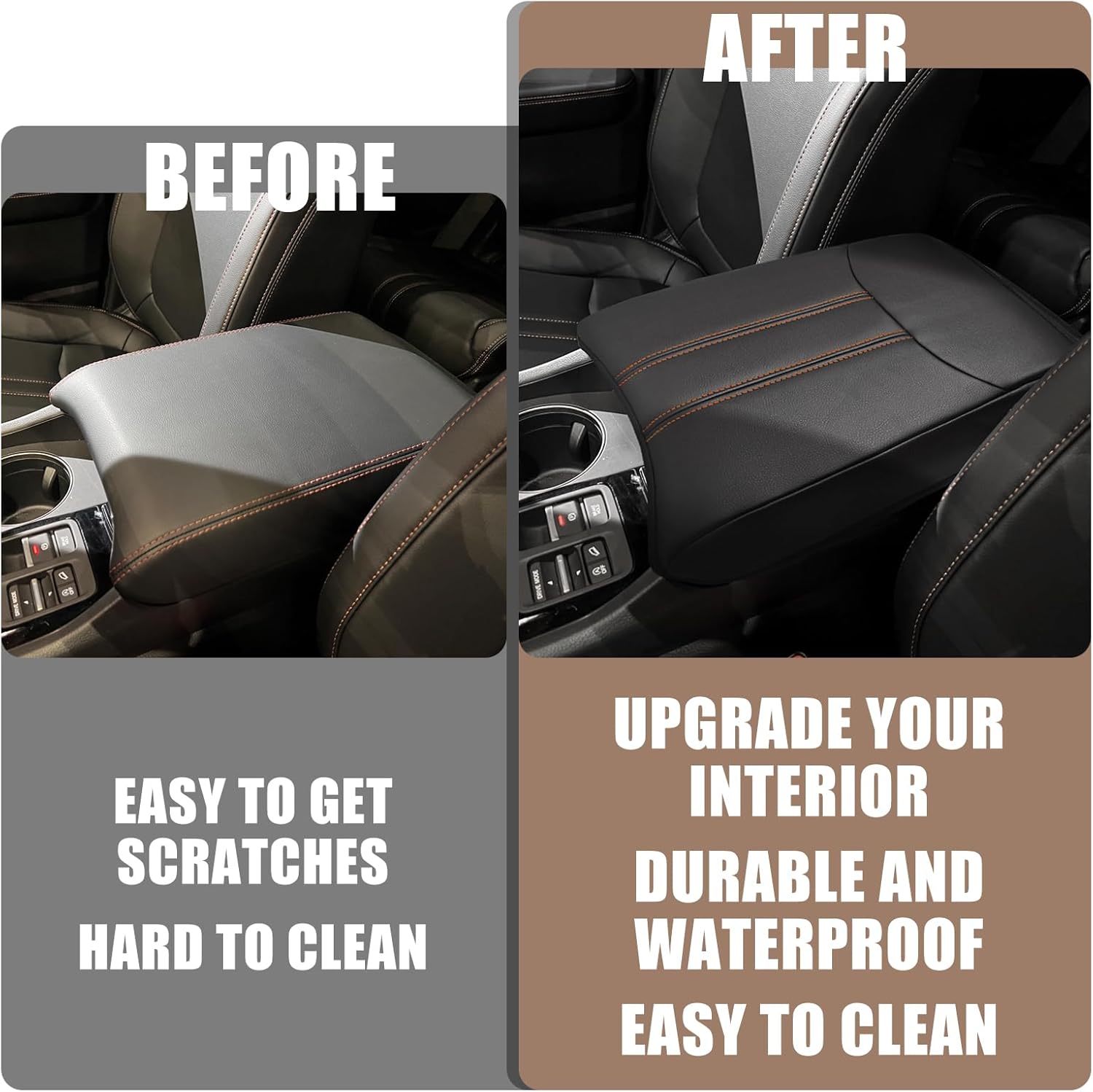 Muslogy Center Console Cover Compatible with Honda Pilot 2023 2024 2025, 2024-2026 Ridgeline/Passport Accessories Armrest Pad Lid Cushion Console Protector Vegan Leather Extra Soft(Black/Orange Trim)